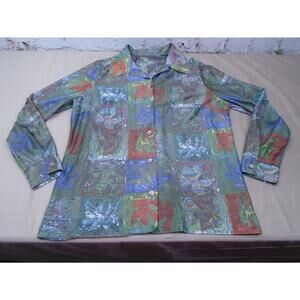Vintage 70s Disco Shirt Button Up Dagger Collar Glass Abstract Womens Large Art